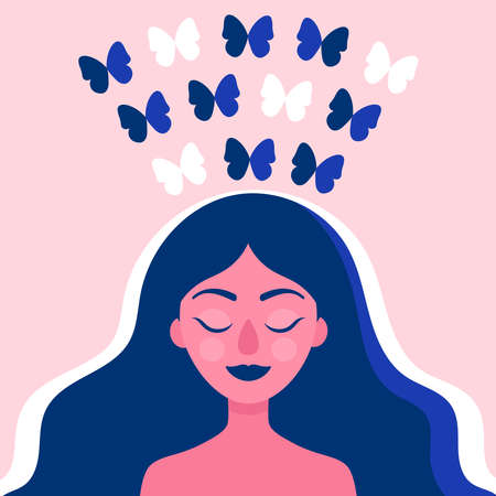 Female head with butterflies flying from the head, happiness, relaxation, liberation from problems.Creative, ideas.Psychological concept.Psychotherapy.Flat vector illustrationのイラスト素材