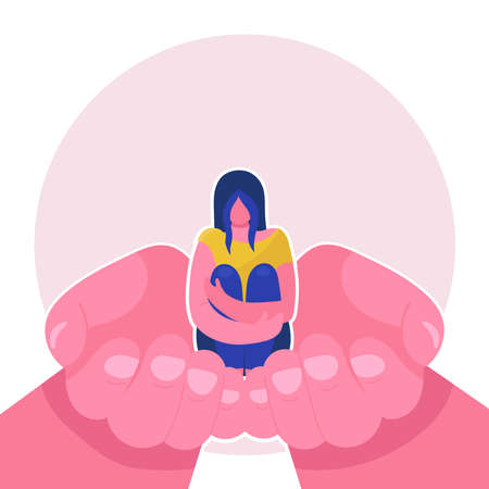 Human hands holds a sad little woman.Psychological support, help, psychotherapy.Emotional problem.Concept.Flat vector illustrationのイラスト素材