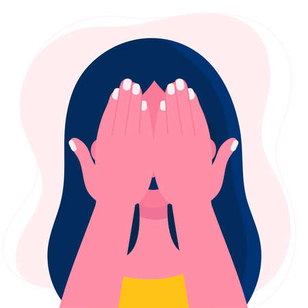 The young woman covered her face with her hands.Emotional and psychological problems.Embarrassment.Tears and crying.Flat vector stock illustrationのイラスト素材