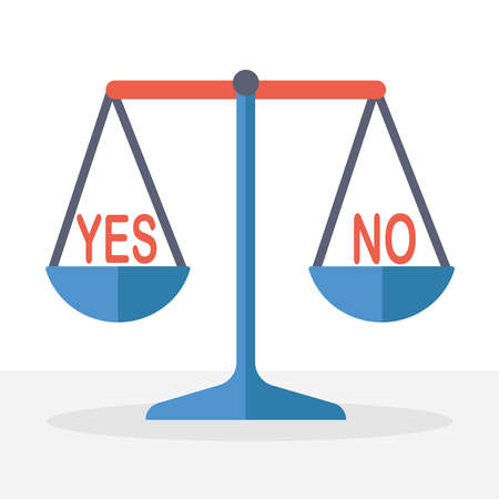 Table scales with weights Yes and no.The concept of choice.Doubts, worries.The choice of the future.Flat vector stock illustration.Isolate on a white backgroundのイラスト素材