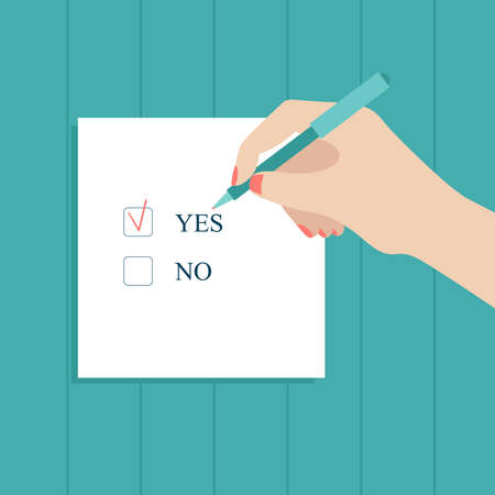 A human hand holds a pen and puts a check mark on the form.Choice, vote, Yes or no.Flat vector stock illustration on a blue backgroundのイラスト素材