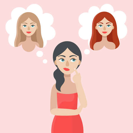 A young brunette woman doubts.The girl thinks about the color of her hair.Choice, decision.Blonde, brown-haired, red-haired.Flat vector illustration on a light pink backgroundのイラスト素材
