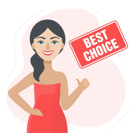 A young brunette woman smiles and gives a thumbs up.Best choice.Best deal.Discounts, sales, product liquidation, online shopping.Flat vector illustrationのイラスト素材