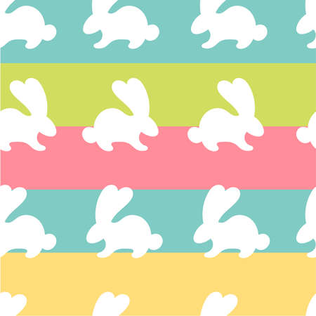 Easter seamless pattern with white fun bunnies.Easter decor, spring.Texture for packaging, paper bags, stationery, notebooks.Flat vector illustration on a multicolored striped backgroundのイラスト素材