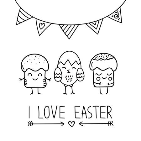 Cute Easter Doodle.Chicken,two Easter cakes and decorated flags.Simple black vector illustration on a white background.Isolated hand drawingのイラスト素材