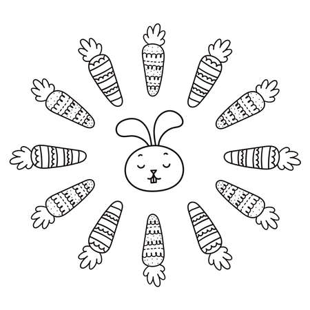 Easter bunny.Spring Doodle vector illustration.Isolate on a white background.happy Easter.Frame of carrots. Cute hand-drawn holiday illustrationのイラスト素材