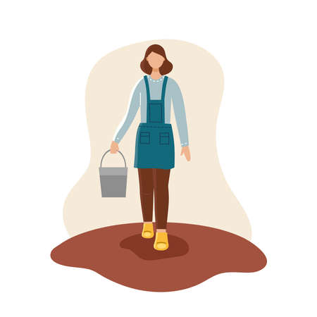 A young woman gardener goes with a bucket.Spring, planting, gardening, countryside. Flat vector flat illustrationのイラスト素材