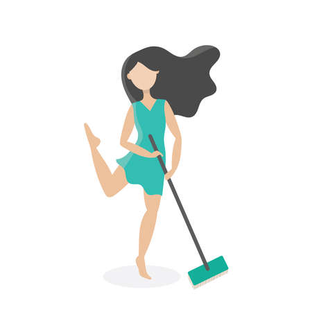 Young housewife woman dancing with a MOP.Household chores, floor cleaning.Flat vector isolated illustration on a white backgroundのイラスト素材