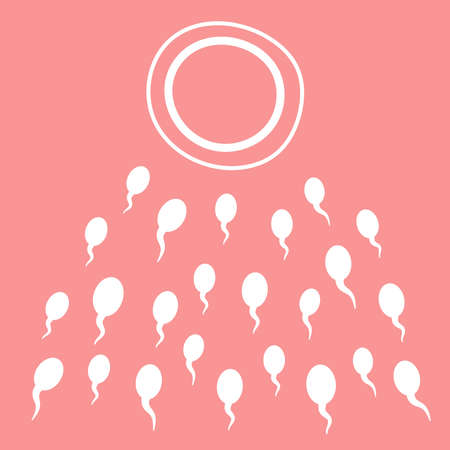 Spermatozoa tend to the egg.Concept of fertilization, pregnancy, conception.Gynecology, women's problems, infertility, childbirth,new life.Vector stock illustration on a pink backgroundのイラスト素材