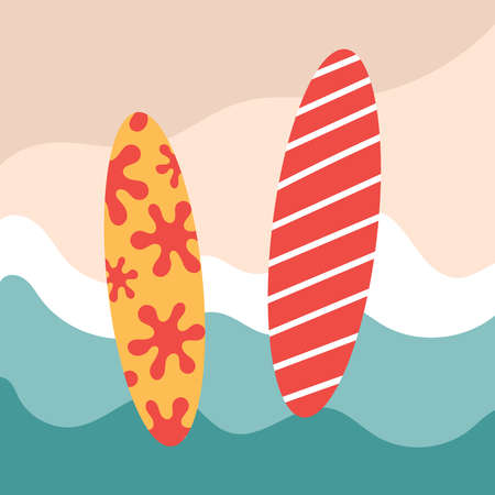 Two color flat surfs with patterns. Rest on the sea, extreme, hobbies and adrenaline on the waves. Isolated vector illustration on white background.のイラスト素材