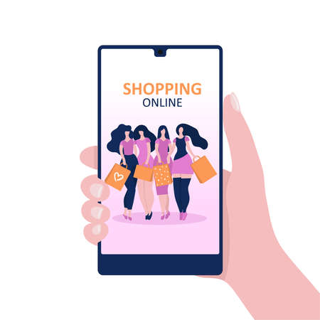 Four young women with packages on a smartphone screen. Concept of online shopping, online store. Flat cartoon vector illustration.のイラスト素材