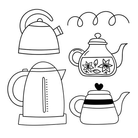 Vector doodle set of teapot. Cooking, kitchen utensils, home elements. hand illustration isolated on white background.のイラスト素材