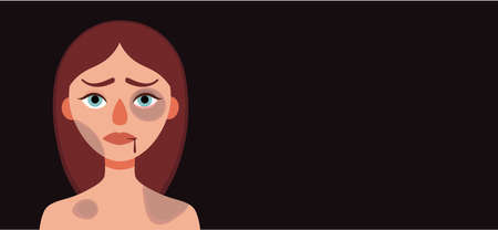 Sad woman with bruises and wounds on a dark background.Concept of domestic violence,sexual abuse in family,bullying,aggression on women.Banner for web site,social media.Vector cartoon illustrationのイラスト素材