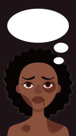 Sad african woman with bruises and speech bubble on dark background.Concept of domestic violence,sexual abuse in family, bullying,aggression women.Vector cartoon illustration.Story format social mediaのイラスト素材