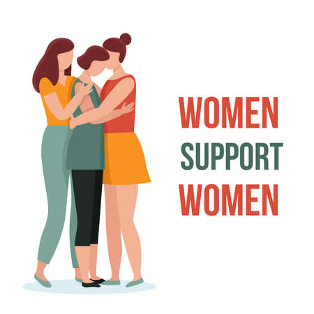 Three women in hugs. Concept of female support. Woman in difficult circumstances, victim of family and sexual violence. Psychological and friendly help. Cartoon vector illustration.のイラスト素材