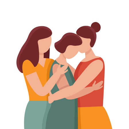 Three women in hugs. Concept of female support. Woman in difficult circumstances, victim of family and sexual violence. Psychological and friendly help. Cartoon vector illustration.のイラスト素材
