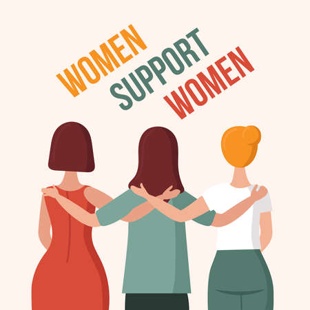 Three women in hugs.View from the back.Concept of female support. Woman in difficult circumstances, victim of family and sexual violence. Psychological and friendly help. Cartoon vector illustration.のイラスト素材