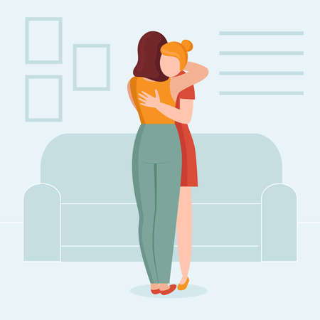 Two women in hugs. Concept of female support. Woman in difficult circumstances, victim of family and sexual violence. Psychological and friendly help. Cartoon vector illustration.のイラスト素材