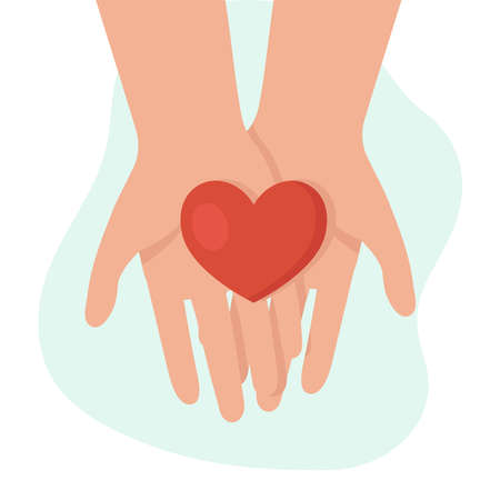 Human hands holding a heart. Concept of help, support, charity. Charity fund. Support for women in difficult situations. Vector cartoon illustration.のイラスト素材