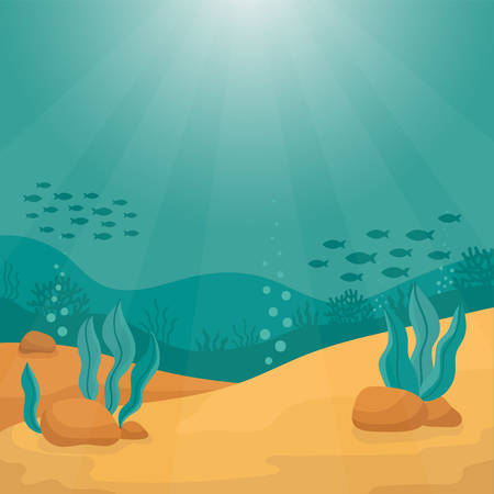 Sea bottom. Underwater world in the sun. Ecosystem. Algae, stones, silhouettes of coral and fish. Place for text. Summer background. Vector cartoon illustration.のイラスト素材
