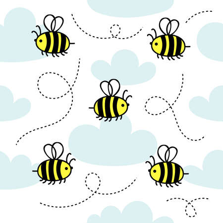 Little cute bees fly in the clouds.Kids seamless pattern.Manual vector doodle illustration.のイラスト素材