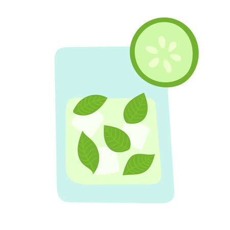 Fresh summer cocktail. Cucumber drink with ice and mint leaves in a glass on a white background. Relax on the beach, vacation at sea. Party with alcoholic drinks. Vector isolated doodle illustration.のイラスト素材