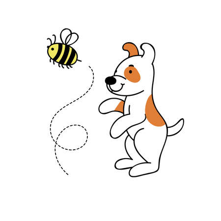 Cute funny dog with bee.Home puppy, pet.Hand doodle vector illustration on white background.のイラスト素材