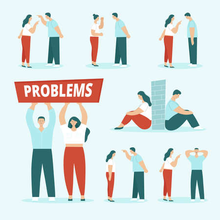 Adult man and woman, husband and wife in conflict. Concept of family quarrels, aggression, violence, relationship problems, divorce. Set of seven couples. Flat isolated vector illustration.のイラスト素材
