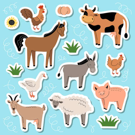 Farm animals stickers. Collection of cartoon cute baby animals and birds. Cow, sheep, goat, horse, donkey, pig, chicken, rooster, goose. Flat vector illustration on blue backgroundのイラスト素材