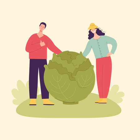 Adult man and woman,farmers with large cabbage.Harvesting concept, vegetarianism,healthy food,farm products,vitamins. Fair with village products.Flat cartoon illustration isolated on light backgroundのイラスト素材