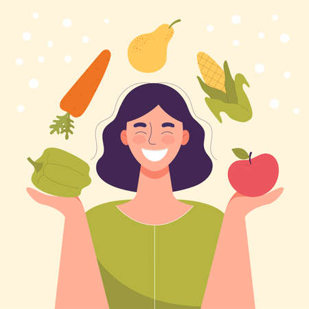 Cute smiling african girl eating an apple. School snack, healthy food, fruit diet, vitamins for children. Flat vector cartoon stock illustrationのイラスト素材