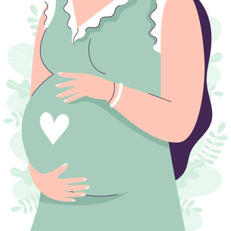 Beautiful pregnant woman in full growth holds hands on her belly. Gentle vector illustration of a female character. The concept of expecting a baby, pregnancy, motherhood.のイラスト素材