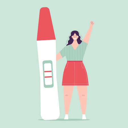 Young woman holding a big pregnancy test. Positive result, two stripes. Pregnancy planning concept, difficulties of conception, fertilization. Happy character. Flat vector illustrationのイラスト素材