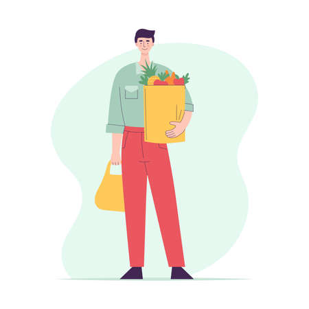 Happy man with a paper bag full of groceries. Full length character. Shopping for groceries in the supermarket. Flat vector illustration isolated on white backgroundのイラスト素材