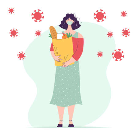 Woman in medical mask with paper bag full of groceriesのイラスト素材