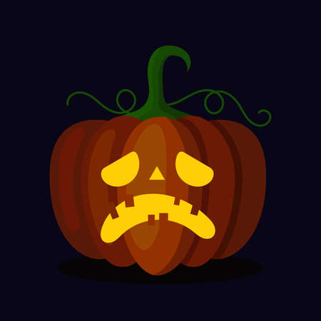 Orange pumpkin lantern with a scary face for Halloween. Festive decoration. Cartoon vector illustration on dark backgroundのイラスト素材