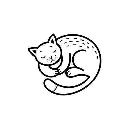 Hand drawn vector doodle illustration. Sleeping cat. Black outline isolated on white backgroundのイラスト素材