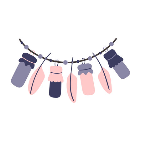 Magical witchcraft boho pendant with feathers and flasks on a white background. Magic, witchcraft. Hand drawn vector isolated single illustration.のイラスト素材