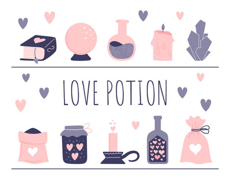 A set of witchcraft elements. Attributes for a love spell. Potion bottles, magic powder, skull in love. Vector illustration isolated on white background.のイラスト素材