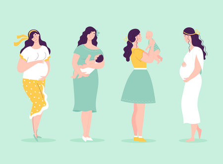Set of young beautiful pregnant women in full growth. Women with babies. Happy motherhood concept, pregnancy planning. Vector illustration in flat style on white background.のイラスト素材