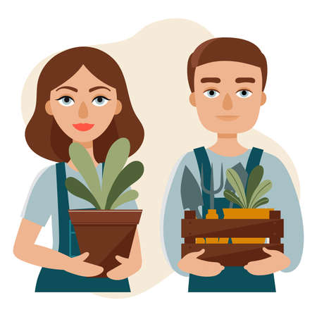Man and woman gardeners hold a pot with plant and box with gardening tools.Concept of gardening. Vector illustration in cartoon styleのイラスト素材