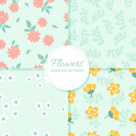 Set of Cute delicate vector seamless patterns with flowers on a blue background. Background for baby goods, fabrics, scrapbooking, packaging, textiles.のイラスト素材