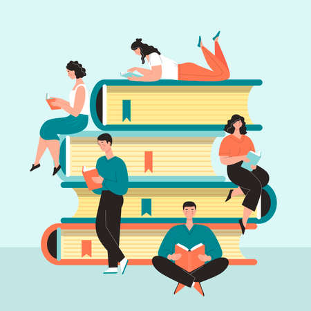 People men women students read on a giant pile of books. Learning concept, love of reading. Library. Vector illustration in flat cartoon styleのイラスト素材