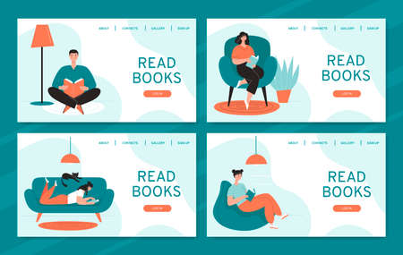Set of Design web page template for a website for a book store, online learning, digital library.Vector illustration in a flat style.Men and women with books in different posesのイラスト素材