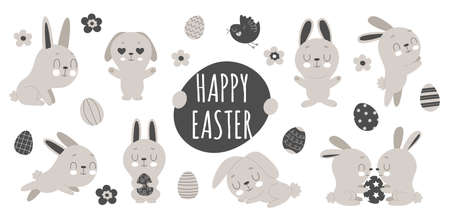 Set of cute Easter bunnies, flowers and decorated eggs on a white background. Traditional symbol of Easter. Funny animals in different poses.のイラスト素材