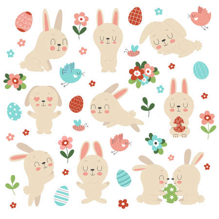 Set of cute Easter bunnies, flowers and decorated eggs on a white background. Traditional symbol of Easter. Funny animals in different poses.のイラスト素材