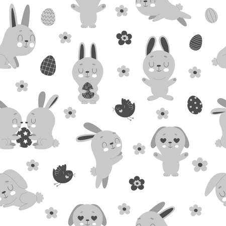 Cute seamless pattern with cute Easter bunnies decorated with eggs and flowers. Traditional symbol of Easter. Funny animals in different poses.のイラスト素材