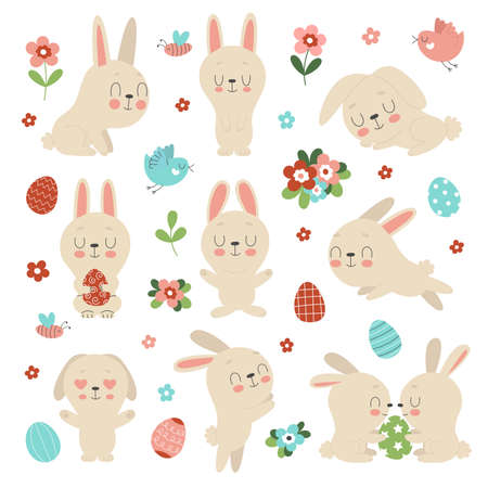 Set of cute Easter bunnies, flowers and decorated eggs on a white background. Traditional symbol of Easter. Funny animals in different poses.のイラスト素材