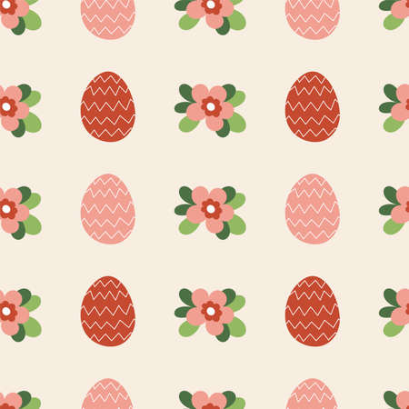 Seamless pattern with cute Easter decorated eggs. Traditional symbol of Easter. Illustration in simple flat hand styleのイラスト素材