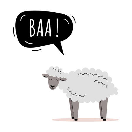 The cute sheep says baa. Farm animals. Speech bubble, childrens cards, childrens teaching. Flat vector illustrationのイラスト素材